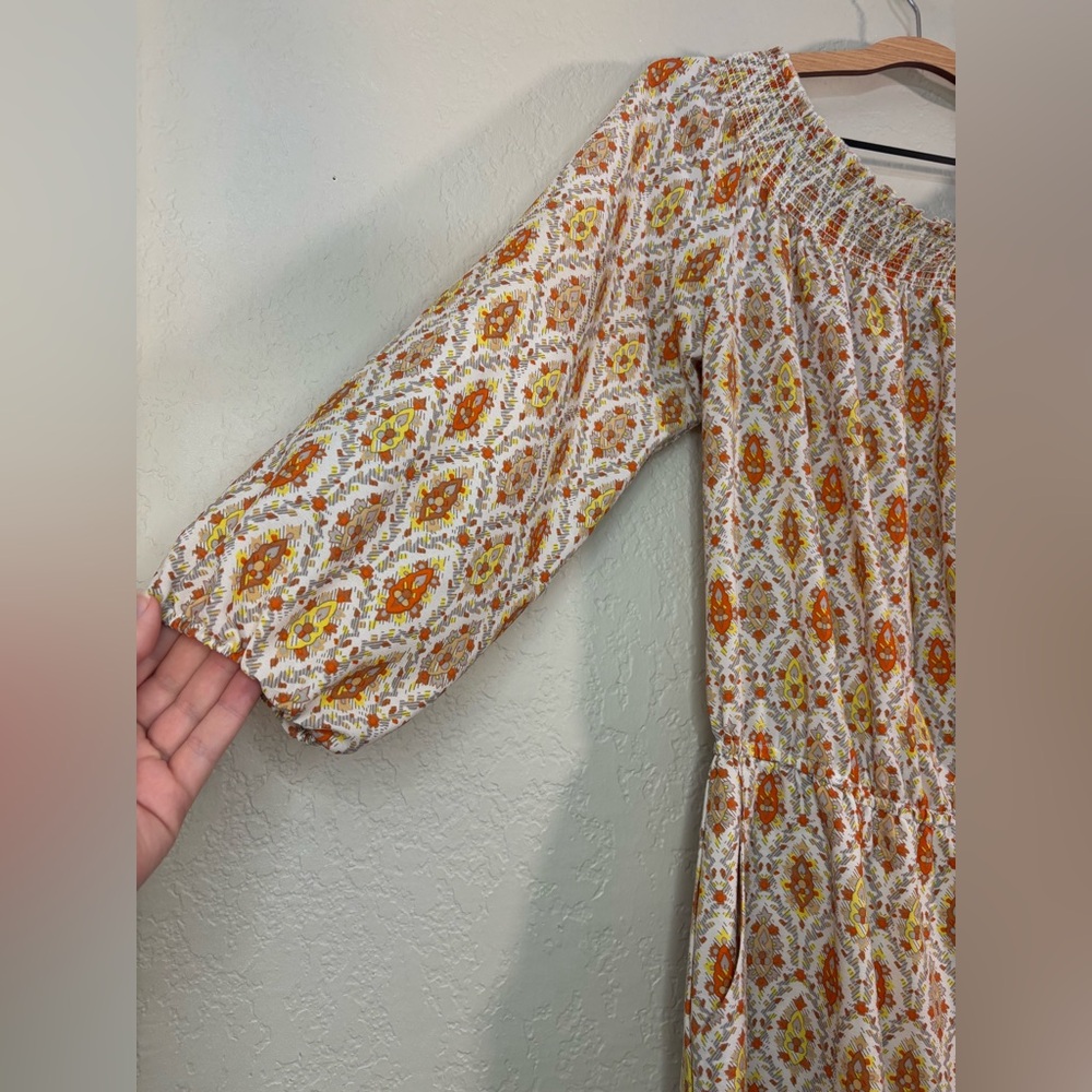 Sanctuary Elle Off Shoulder Boho Orange and Cream Print Dress Size L - Picture 8 of 12